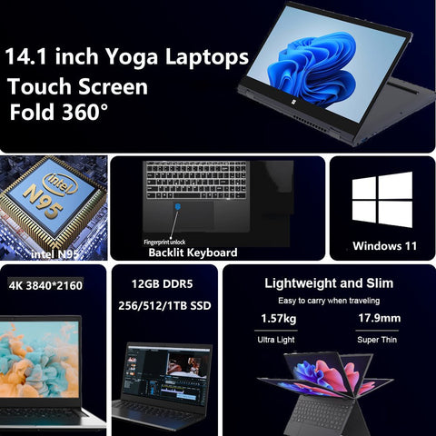 Greatium Office Yoga Laptops 4K Computer Notebooks Touch Screen Windows 11 14" 12th Gen Intel Alder Lake-N N95 12GB DDR5 1TB SSD